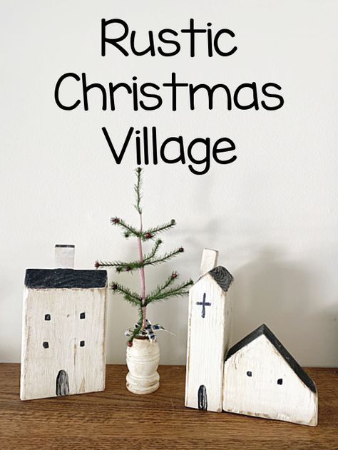 Wood Block Village, Wood Houses Craft Christmas, Wood Block Christmas Village, Wooden Village Houses, Wood Christmas Village Diy, Diy Wooden Christmas Village, Small Wooden Houses Craft, Rustic Christmas Village, Wooden Houses Christmas