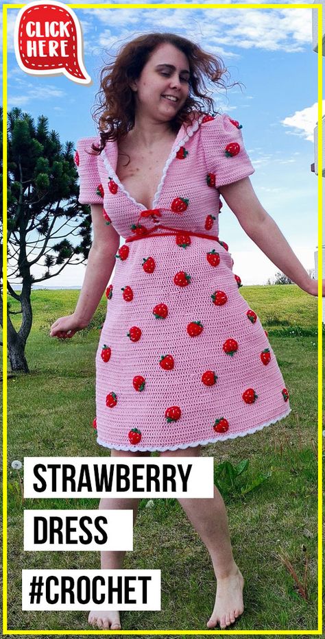 crochet Strawberry Dress easy pattern - Easy Crochet Dress Pattern for Beginners. Click to Try the Pattern #Dress #crochetpattern #crochet via @shareapattern.com Crochet Dress Pattern For Women, Crochet Dress Pattern Free Women, Knitting Dress Pattern, Cute Crochet Dress, Free Crochet Pattern Strawberry, Crochet Strawberry Top Pattern Free, Crochet Dress Outfit, Easy Crochet Dress, Easy Crochet Dress Pattern Free