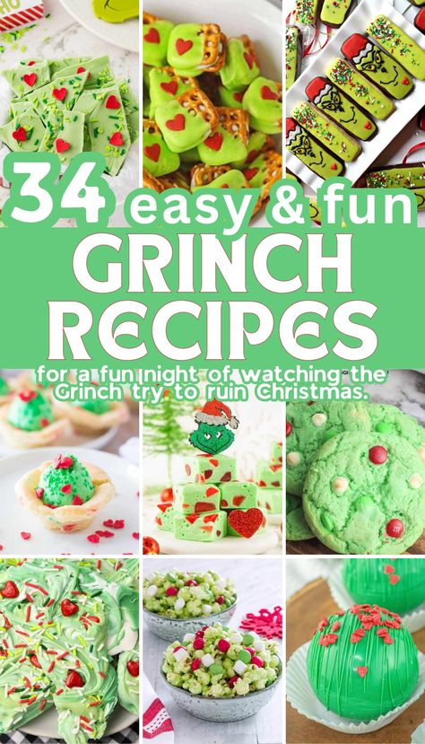 Plan a festive movie night with these green Grinch-inspired recipes! These Grinch-inspired recipes are scrumptious and add a festive, fun twist to your holiday feast or Christmas party. Dive into these magical holiday delights, and who knows – they may even make your heart grow three sizes! Recipes inspired by the Grinch Who Stole Christmas! Recipes for Grinch party! Perfect Christmas treats! Grinch Dessert Ideas, Grinch Recipes, Grinch Christmas Treats, Grinch Snack, Grinch Cocktail, Grinch Drink, Grinch Cake, Christmas Bark, Grinch Cookies