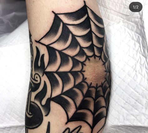 Knee Cap Spider Web Tattoo, Old School Tattoo Elbow, Traditional Spider Web Tattoo Elbow, Spiderweb Knee Tattoo Traditional, Old School Spider Web Tattoo, Traditional Spiderweb Tattoo, Elbow Web Tattoo, Traditional Goth Tattoo, Old School Elbow Tattoo