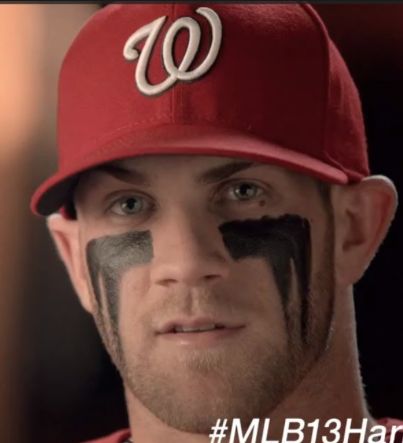 Bryce Harper's Eyeblack is on point! Sports Eye Black Ideas, Baseball Face Paint Black, Eyeblack Ideas For Baseball, Eye Black Inspo Sports, Cool Eye Black Designs For Softball, Softball Updos, Cool Eye Black Designs For Sports, Eye Black Designs Softball, Eyeblack Designs Football