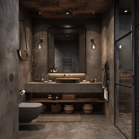 The 28 Secrets Behind Rustic Bathroom Design - Edward George Dark Bathroom Paint Colors, All Black Bathroom Ideas, Dark Bathroom Paint, Moody Bathroom Design, Bathroom Paint Colours, Moody Bathroom Ideas, Dark Modern Bathroom, All Black Bathroom, Vanity Small