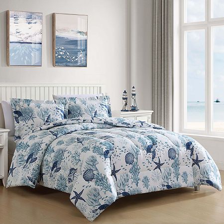 Introducing the Caribbean joe 3pc comforter set where inspiration meets comfort!Escape to the soothing embrace of the Caribbean with our 3pc comforter set, designed to bring the serene beauty of the ocean right into your home. Crafted with meticulous attention to detail and inspired by the tranquil coastal landscapes, this comforter set is bound to transform your bedroom into a serene oasis. The comforter showcases a carefully curated collection of coastal motifs, including seashells, starfish, coral reefs, and palm leaves. Each element is intricately printed onto the comforter and 2 matching shams, creating a breathtaking visual masterpiece.Coastal colors: immerse yourself in the refreshing hues of the ocean with a palette that features soft blues, aquamarine, sandy beige, and seafoam gre Blue Comforter Sets, Bedroom Bliss, Coastal Colors, King Comforter Sets, Bedroom Color Schemes, Coral Reefs, Queen Comforter Sets, Lightweight Comforter, Queen Comforter