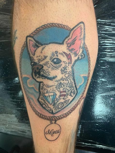 Tattoo of Myca Chihuahua Tattoo, Buzz Cut, Tattoo Inspo, Traditional Tattoo, Blackwork, I Tattoo, Chihuahua, Old School, Tattoos