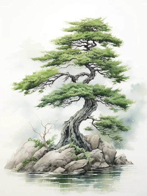 Chinese Tree Drawing, Tree Landscape Tattoo, Japanese Tree Drawing, Japanese Nature Drawing, Bonsai Art Drawing, Chinese Tree Painting, Japanese Forest Art, Japanese Tree Art, Bonsai Art Painting