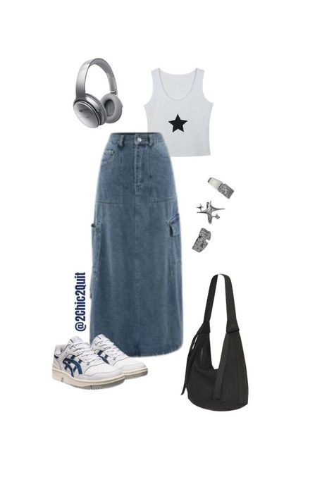 denim maxi skirt, cargo skirt denim, denim skirt, star tank top, tank top with a star, simple tanktop, grey headphones, reflective headphones, y2k headphones aesthetic, white and blue shoes y2k, y2k aesthetic shoes, y2k style, y2k, y2k jewelry aesthetic, minimalist bag, simple bag black, black bags minimalist, korean fashion bags, star jewelry, outfits summer, summer casual outfit, elevated casual outfit, outfit inspo women, outfit inspiration, street style women, y2k aesthetic outfits, blue fit Y2k Outfits Denim Skirt, Long Demin Skirt Outfit Y2k, Maxi Demin Skirt Outfits, Maxi Denim Skirt Outfit Aesthetic, Y2k Maxi Skirt Outfit, Denim Maxi Skirt Outfit Y2k, Demin Maxi Skirt Outfit, Maxi Demin Skirt, Long Denim Skirt Y2k