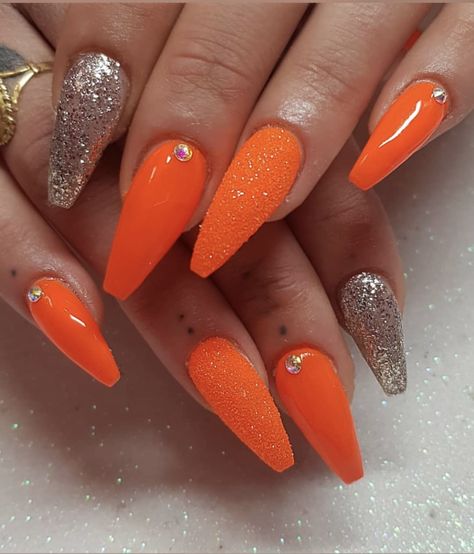 Orange And Silver Nails, Trendy Orange Nails, Colored French Nails, Bright Orange Nails, 20th Bday, Birthday Nail, Nails Orange, Tropical Nails, Galaxy Nails