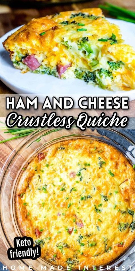 ham and cheese crustless quiche Ham And Cheese Crustless Quiche, Ham And Broccoli Quiche, Quiche Recipes Crustless, Crustless Quiche Recipe, Cheese And Broccoli, Make Ahead Brunch Recipes, Low Carb Quiche, Ham And Cheese Quiche, Make Ahead Breakfast Casserole