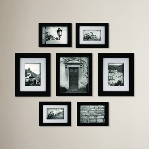 Gallery Wall Frame Set, Black Borders, Picture Arrangements, Picture Frame Crafts, Wall Frame Set, Black Photo Frames, Picture Frame Set, Photo Wall Gallery, Frame Ideas