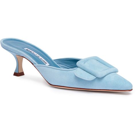 Blue Manolo Blahnik, Shoes Light Blue, Light Blue Shoes, Manolo Blahnik Hangisi, Manolo Blahnik Heels, Mule Shoes, Mid Heel Shoes, Suede Leather Shoes, Classy Shoes