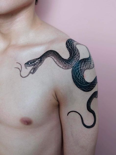 Snake Shoulder Chest Tattoo, Snake Chest Tattoo Men, Snake Shoulder Tattoo For Men, Chest Tattoo Snake, Snake On Shoulder Tattoo, Animal Shoulder Tattoo, Snake Tattoo On Chest, Snake Tattoo Around Arm, Shoulder To Chest Tattoo