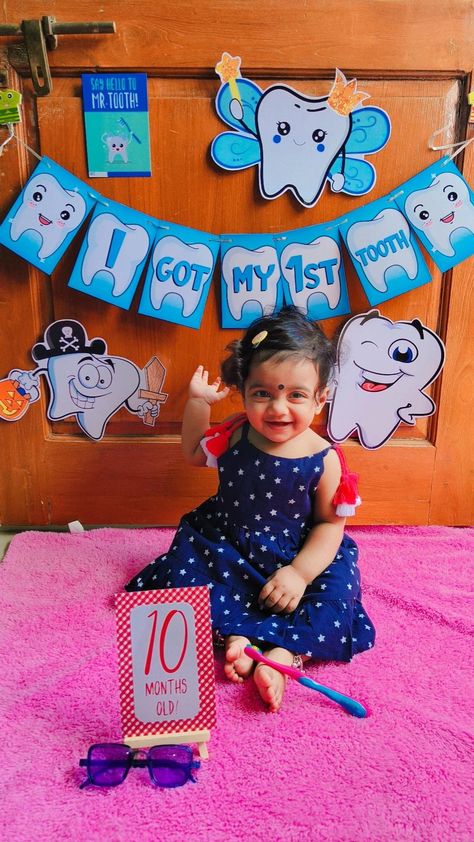 Teeth Decorations Ideas, First Tooth Celebration Ideas, Baby Photoshoot Theme Ideas, Teeth Photoshoot For Baby, First Teeth Baby Photography, 10month Baby Photoshoot, My First Tooth Photoshoot, I Got My First Tooth Photoshoot, 1st Tooth Photoshoot