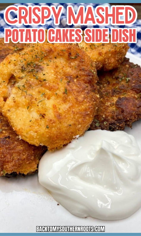 MASHED POTATO CAKES ON A WHITE PLATE WITH SOUR CREAM. Crispy Mashed Potato Cakes, Loaded Potato Cakes, Oven Baked Mashed Potato Cakes, Leftover Mashed Potatoes What To Do With, Reuse Mashed Potatoes, Potato Cakes From Mashed Potatoes, Mashed Potato Cakes Leftover, Leftover Mashed Potato Recipes, Fried Potato Cakes