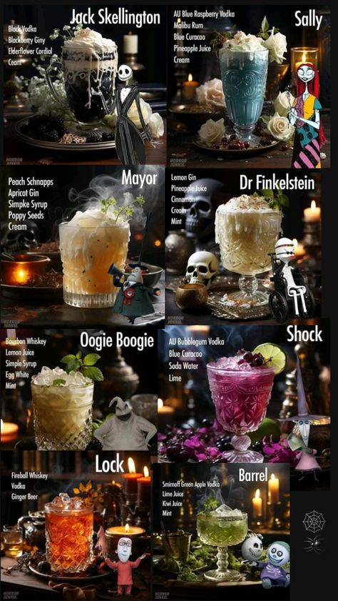 Drinks Based off of the "Nightmare Before Christmas" characters Fun Halloween Drinks, Bartender Drinks Recipes, Nightmare Before Christmas Characters, Bartender Drinks, Liquor Recipes, Cocktail Drinks Alcoholic, Cocktail And Mocktail, Yummy Alcoholic Drinks, Mixed Drinks Alcohol