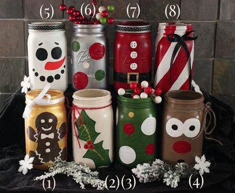 Painted Mason Jar Characters and Figures Luminaries. Juleverksted For Barn, Mason Jar Christmas Crafts, Kerajinan Diy, Deco Table Noel, Mason Jar Projects, Christmas Mason Jars, Christmas Jars, Mason Jar Gifts, Jar Diy