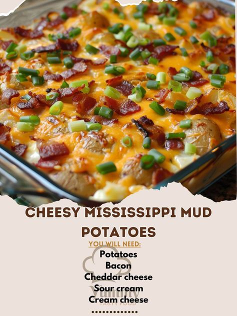 🧀🥔 Dive into our Cheesy Mississippi Mud Potatoes – ultimate comfort food! #CheesyPotatoes #ComfortFood Cheesy Mississippi Mud Potatoes Ingredients: Potatoes (4 cups, cubed) Bacon (1 cup, cooked and crumbled) Cheddar cheese (2 cups, shredded) Sour cream (1 cup) Cream cheese (1/2 cup) Green onions (1/4 cup, chopped) Butter (1/4 cup, melted) Salt and pepper (to taste) Instructions: Preheat oven to 375°F (190°C). Mix potatoes, bacon, cheddar cheese, sour cream, and cream cheese in a bowl. Tra... Mississippi Mud Potatoes, Mississippi Mud, Cheesy Potatoes, Bacon Cheddar, Potato Dishes, Ultimate Comfort Food, Green Onions, Potato Recipes, Main Dish