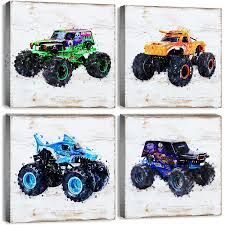 Playroom Painting, Monster Truck Room Decor, Monster Truck Bedroom, Art For Boys Room, Monster Truck Room, Truck Bedroom, Monster Truck Kids, Truck Room, Boys Room Wall Decor