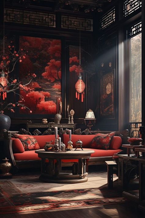 Chinese Home Interior, Modern Chinese Home, Dark Wood Accents, Dark Wood Living Room, Modern Chinese Interior, Traditional Chinese House, Chinese Interior Design, Chinese Style Interior, Asian Interior Design