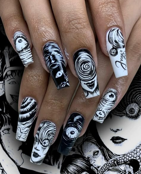 Uzumaki Nails, Wednesday Nails, Harry Potter Nail Art, Horror Nails, Art Deco Nails, Gothic Nails, Anime Nails, Diy Acrylic Nails, Goth Nails