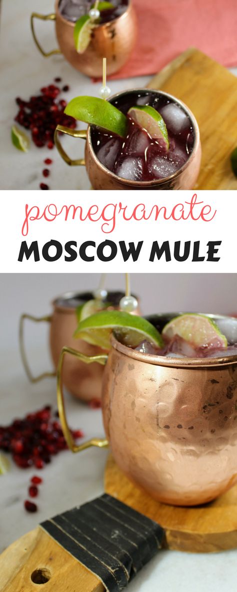 POMEGRANATE MOSCOW MULE - the perfect holiday drink! Pomegranate Mixed Drink, Pomegranate Mule Recipe, Pomegranate Alcohol Drink, Pomogranette Cocktail, Pomegranate Liqueur Cocktails, Holiday Mules Cocktail Recipes, Christmas Moscow Mule Recipe, Cabin Cocktails, Pomegranate Drinks Cocktails