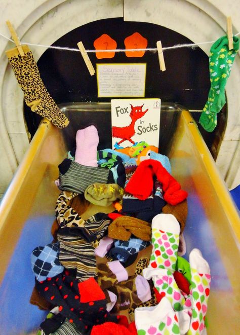 My Catch A Star Classroom!--Fox in Sox book Clothing Study Sensory Bin, Clothes Sensory Bin, Pre K Dr Seuss Activities, Prek Dr Seuss Activities, Theme Sensory Bin Ideas, Fox In Sox Activity, Fox In Sox Dr Seuss Craft, Book Theme Sensory Bin, Book Week Preschool Activities