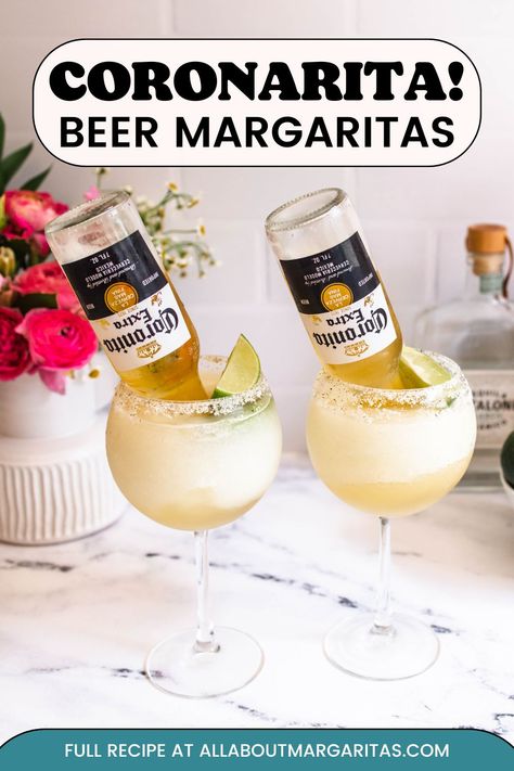 Make a Coronarita. This frozen margarita and beer combo is a perfect summer cocktail that's great for Father's Day. It's delicious and refreshing! Coronarita Recipe, Rose Margarita Recipe, Beer Margarita, Margarita Party, Frozen Limeade, Flavored Margaritas, Frozen Margarita, Easy Margarita, Hey Bartender