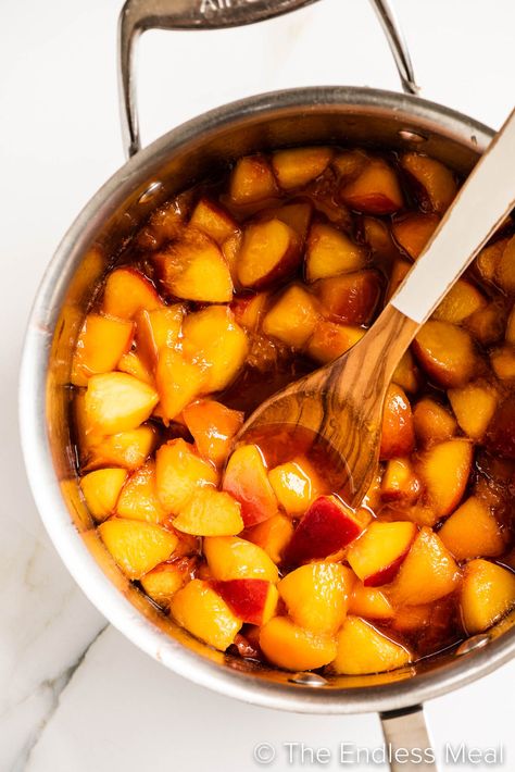 Savor the sweet taste of summer with this maple peach compote. It's a versatile recipe that's perfect over pancakes, waffles, or vanilla ice cream. It's quick and easy-to-make, and uses only 3 ingredients! #theendlessmeal #peachcompote #compote #peach #peaches #syrup #peachsyrup Healthy Barbecue Sauce, Diy Barbecue Sauce, Peach Bbq Sauce Recipe, Barbecue Sauce Recipe Easy, Peach Pancakes, Diy Barbecue, Healthy Barbecue, Barbecue Sauce Recipe, Paleo Barbecue Sauce