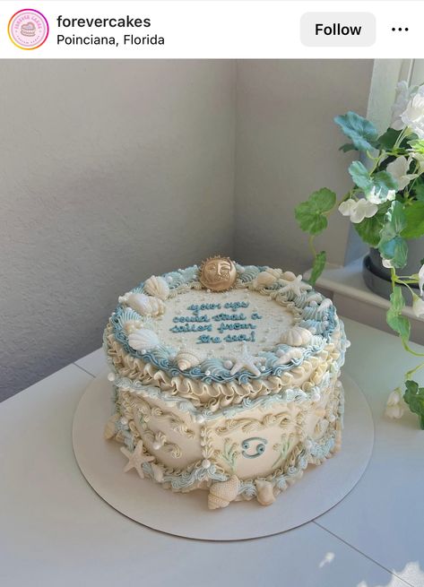 H20 Birthday Cake, Tsitp Birthday Cake, Beach Birthday Cake Aesthetic, Costal Granddaughter Birthday Party, Ocean Cake Aesthetic, Mermaid Cake Aesthetic, Pisces Birthday Party Theme, Aesthetic Mermaid Party, Mermaid Vintage Cake