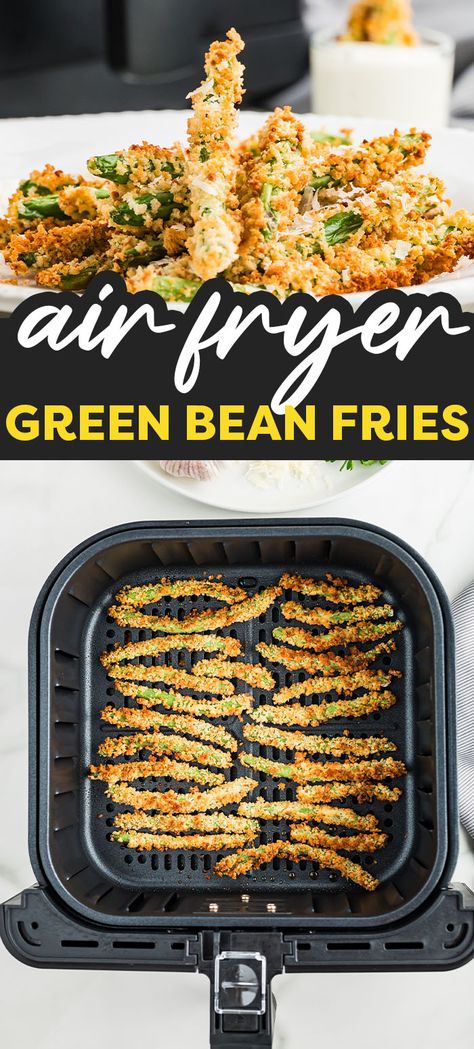 Crispy green bean fries are healthier now that we can make them in the air fryer! Green Bean Casserole In Air Fryer, Fried Green Beans Air Fryer, Crispy Green Beans Air Fryer, Green Bean Recipes Air Fryer, Air Fry Green Beans, Fresh Greenbeans, Air Fryer Green Beans, Green Bean Fries, Air Fried Green Beans