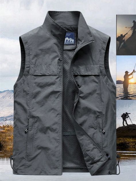 Outdoor Hiking Casual Multi-Pocket Stand Collar Fishing Utility Vest Jacket Grey   Sleeveless Woven Fabric Plain Cargo Non-Stretch  Men Outdoor Apparel, size features are:Bust: ,Length: ,Sleeve Length: