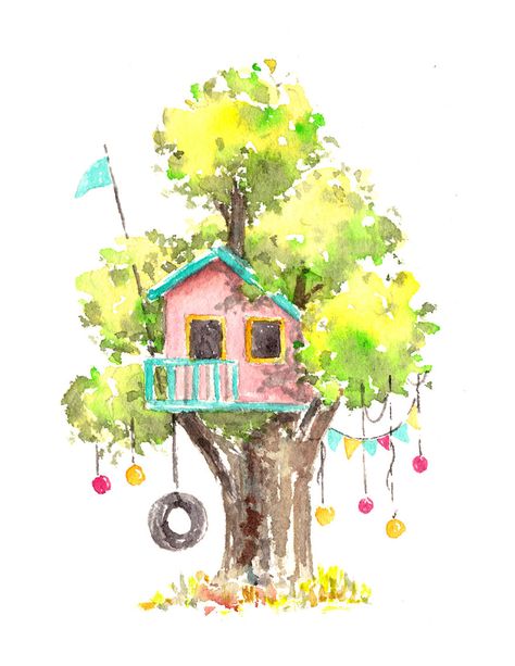 I Use Watercolours To Paint Whimsical Tree Houses Watercolour Houses Simple, Tree House Drawing Simple, Watercolor Houses Simple, Cute House Painting, Watercolor House Painting Simple, Tree House Watercolor, Tree House Painting, Whimsical Art Illustrations, Cute House Drawing