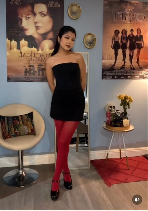 Purple Tights Outfit, Black Dress Red Shoes, Red Stockings Outfit, Color Tights Outfit, Colorful Tights Outfit, Evelyn Core, Red Tights Outfit, Burgundy Tights, Colored Tights Outfit