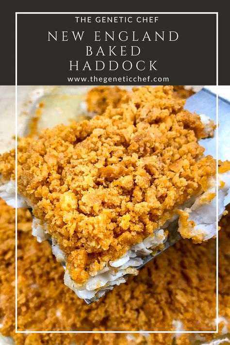 It’s all in the crumb for this New England Baked Haddock. A simple and delicious dish with little prep and lots of flavorful buttery crumb that's done in 30 minutes and uses 5 ingredients. Perfect for a weeknight dinner or elegant meal.  #bakedhaddock #haddock #goodfridaymeals #seafood #dinner | @thegeneticchef Baked Haddock Recipes Ritz Crackers, Baked Stuffed Haddock Recipes, Baked Haddock Recipes Ovens, Haddock Recipes Baked, Baked Stuffed Haddock, Baked Haddock Recipes, Baked Seafood, Baked Haddock, Haddock Recipes