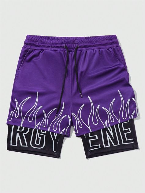 Purple Casual,Street Collar  Knitted Fabric Letter,Striped,Fire Track Shorts Embellished Slight Stretch  Men Clothing Birthday Clothes, Mens Trendy Outfits, Street Life, Stylish Pants, Track Shorts, Mesh Shorts, Printed Drawstring, Basketball Shorts, Men Clothing