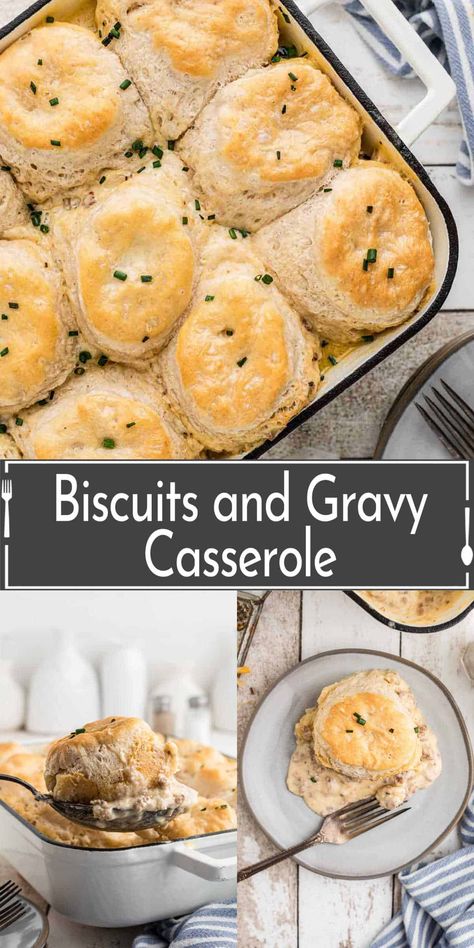 Flaky biscuits and creamy sausage gravy make this easy sausage biscuits and gravy casserole the ultimate comfort food! This easy breakfast casserole recipe is perfect for holiday breakfast and weekend brunch! Sausage Biscuits And Gravy Casserole, Sausage Biscuits And Gravy, Biscuits And Gravy Breakfast Casserole, Homemade Drop Biscuits, Gravy Casserole, Breakfast Bakes, Breakfast Casserole With Biscuits, Easy Breakfast Casserole, Biscuits And Gravy Casserole