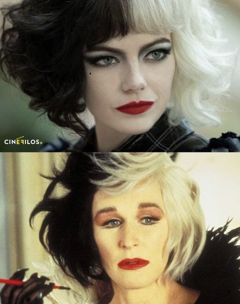 Emma Stone and Glenn Close as Cruella de Vil in "Cruella" (2021) & "101 Dalmatians"(1996) Cruelly Devil Makeup, Costume Halloween Famille, Cruella Aesthetic, Cruella Movie, Cruella 2021, Devil Makeup, Movie Videos, Vampire Makeup, Cruella Deville