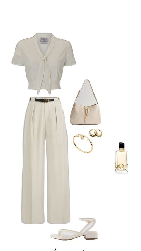 cream outfit with short cream top + high waist cream trousers + minimalistic cream bag + low cream heels + cartier bracelet + gold earrings + yves saint laurent perfume Cream And White Outfit, Aesthetic Work Outfit, Cream Trousers Outfit, Yves Saint Laurent Perfume, Semi Formal Outfits For Women, Beige Trouser, Cream Handbag, Saint Laurent Perfume, Cream Outfit