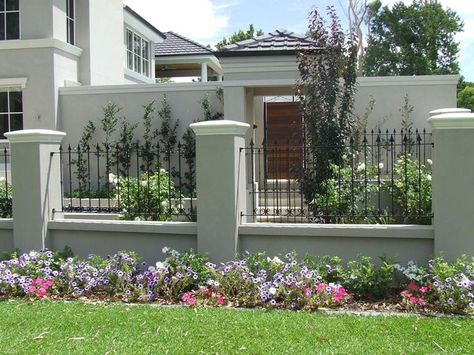 stucco and wrought iron fences - Google Search | fencing ... Black Iron Fence, Stone Fence, House Fence Design, Cheap Fence, Concrete Fence, Brick Fence, Lattice Fence, Front Yard Fence, Wrought Iron Fences