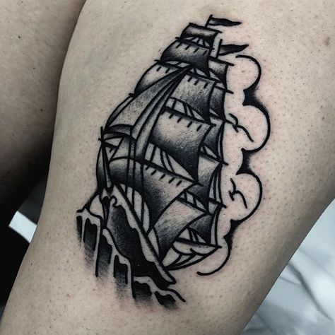 Traditional Ship Tattoo Design, Ship Tattoo Design, Traditional Lighthouse Tattoo, Ship Tattoo Sleeves, Traditional Ship Tattoo, Simple Compass Tattoo, Boat Tattoo, Traditional Tattoo Flowers, Club Tattoo