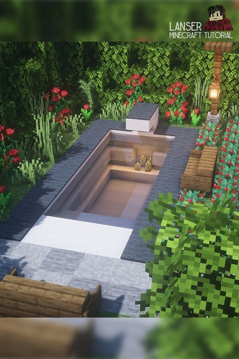 Minecraft Modern Garden Ideas, Minecraft Modern Pool, Minecraft Pool Ideas Design, Minecraft Patio Ideas, Minecraft Patio, Minecraft Vault, Minecraft Modern Interior, Minecraft Pool Ideas, Minecraft Outdoor Ideas