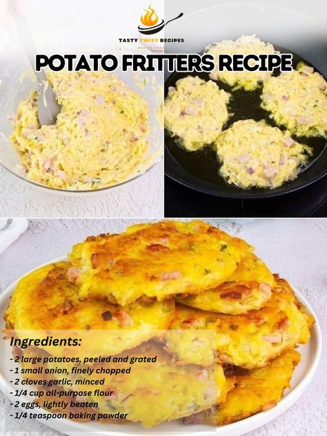 **Potato Fritters Recipe** **Ingredients:** - 2 large potatoes, peeled and grated - 1 small onion, finely chopped - 2 cloves garlic, minced - 1/4 cup all-purpose flour - 2 eggs, lightly beaten - 1/4 teaspoon baking powder - Salt and pepper, to taste - Vegetable oil, for frying **Instructions:** 1. **Prepare Potatoes:** Place the grated potatoes in a clean kitchen towel or cheesecloth and squeeze out as much excess moisture as possible. 2. **Mix Ingredients:** In a large mixing bowl, comb... Potato Fritters Recipe, Potato Fritters, Fritters Recipe, Instagram Recipes, Grated Potato, Twisted Recipes, Cheesy Potatoes, Trending Recipes, Recipe Ingredients