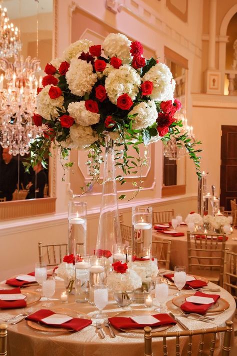 Red Table Centerpieces For Party, Red Sweet 16 Centerpieces, Red And Gold Wedding Theme Decor, Gold White And Red Wedding, Red Pink White Gold Wedding, Red White And Gold Quince Decorations, White Red And Gold Wedding, Red And White Flower Centerpieces, White And Red Wedding Decorations