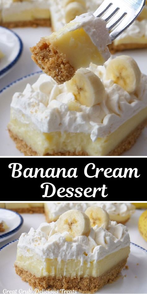 A double photo collage of banana cream dessert on a white plate. Dessert Ideas With Bananas, Banana Cream Jello Recipes, Golden Banana Pudding, Banana Layered Dessert, Banana Cream Pie For A Crowd, Banana Cream Bars, Banana Pudding With Graham Cracker Crust, Graham Cracker Banana Pudding, Desserts Using Bananas Easy Recipes