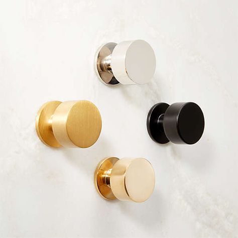 Modern Kitchen Hardware: Cabinet Pulls, Knobs & Handles | CB2 Realistic Apartment, Modern Kitchen Hardware, Black Wall Hooks, Modern Cabinet Hardware, Black Cabinet Hardware, Black Flatware, Round Cabinet, Brass Knob, Modern Hardware