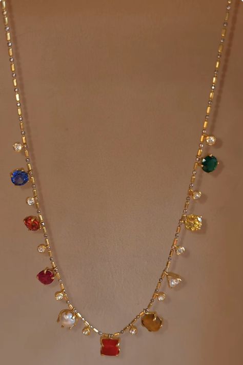 Simple Navaratna Necklace, Small Sets Jewellery Gold, Navratna Necklace, Navratan Necklace, Beaded Wedding Jewelry, Fashion Jewelry Necklaces Gold, Mint Jewelry, Italian Chain, Bride Jewelry Set