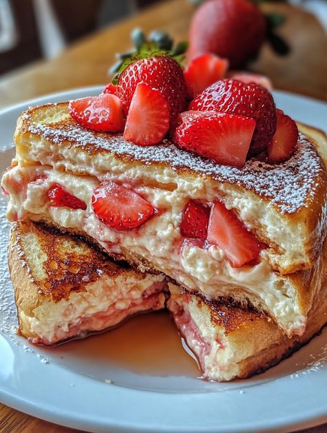 Strawberry Cheesecake Stuffed French Toast 🍓  🍓 Ingredients 🍓 For the Strawberry Cheesecake Filling: 8 ounces cream cheese, softened 1/4 cup powdered sugar 1 teaspoon vanilla extract 1/2 cup diced fresh strawberries For the French Toast: 8 slices of bread (such as brioche or challah) 4 large eggs 1/2 cup milk 1 teaspoon vanilla extract Butter or oil, for frying For Serving: Maple syrup Additional diced fresh strawberries Powdered sugar, for dusting (optional) Pineapple Mousse, Cheesecake Stuffed French Toast, French Snacks, Carb Breakfast Ideas, Strawberry Toast, Easy Dessert Ideas, Mousse Cheesecake, French Toast Ingredients, Yogurt Dessert