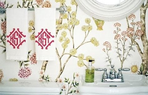 chinoiseriewallpaper Brown Towels, Caitlin Wilson Design, Leontine Linens, Monogrammed Hand Towels, Design Darling, Pretty Bathrooms, Monogram Towels, Enchanted Home, Chinoiserie Chic