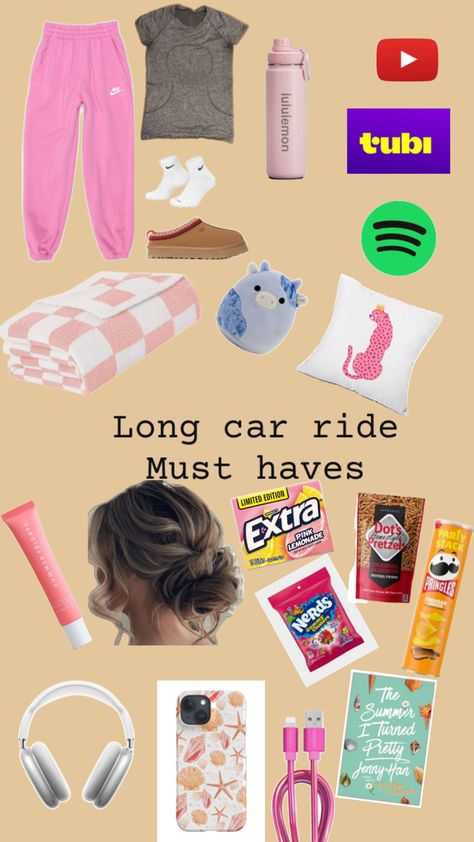 Car Ride Essentials, Long Car Rides, Jenny Han, Car Essentials, Trip Essentials, Road Trip Essentials, Car Ride, Pink Lemonade, Random Stuff