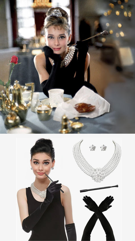 Elegance Unveiled: Breakfast at Tiffany's Bridal Shower Ensemble Breakfast At Tiffanys Pearl Necklace, Holly Golightly Costume, 50s Photoshoot, Breakfast At Tiffany's Costume, Tiffany Bridal Shower, Tiffany's Bridal, Satin Gloves, Holly Golightly, Breakfast At Tiffany's