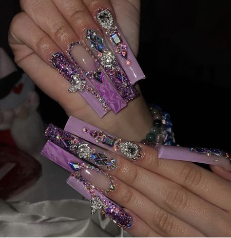 Blinged Out Long Acrylic Nails, Mc Bling Nails, Cybery2k Nails, Extra Bling Nails, Long Extra Nails, Purple Bling Nails, Boujie Nails, Bedazzled Nails, Boujee Nails